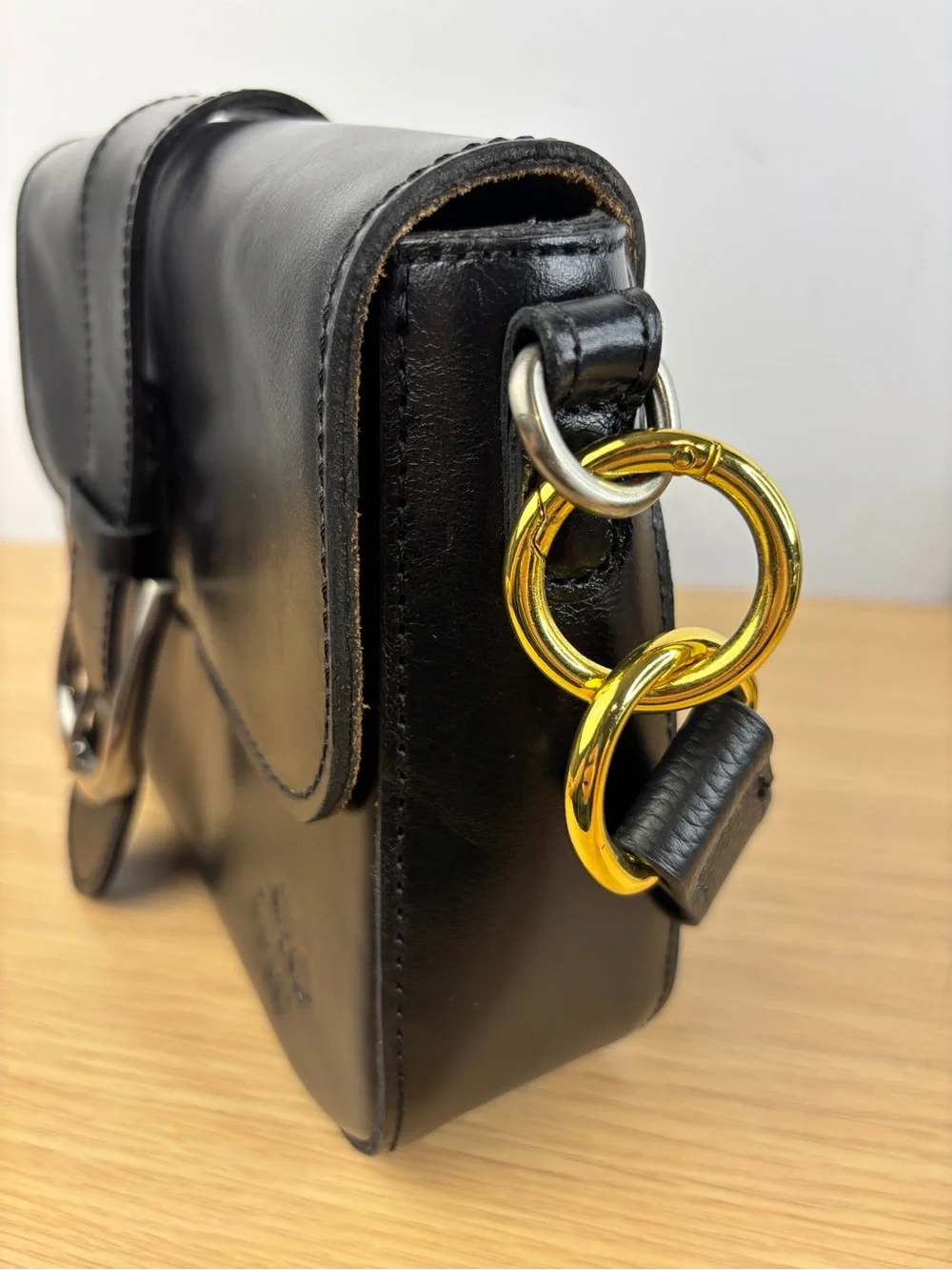 Patricia Nash Black Leather Horseshoe Buckle Shoulder Bag